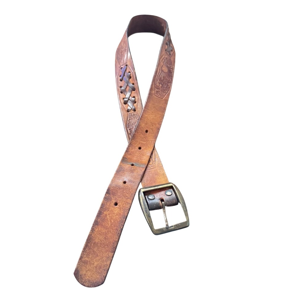 Vintage Grunge Leather Belt  Embossed Western Brass Buckle Patina‎ M Unisex 70's